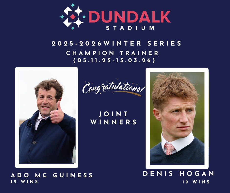 DundalkStadium's tweet photo. 🏆 We have our winners! Congratulations to Ado McGuinness and Denis Hogan on being crowned Joint Winter Series Champion Trainers! 🤝
​An incredible campaign from both stables. Presentation to follow at next week's Awards Day! 🏇🇮🇪
​#DundalkStadium #WinterSeries #HorseRacing https://t.co/0DxkM6lCWk