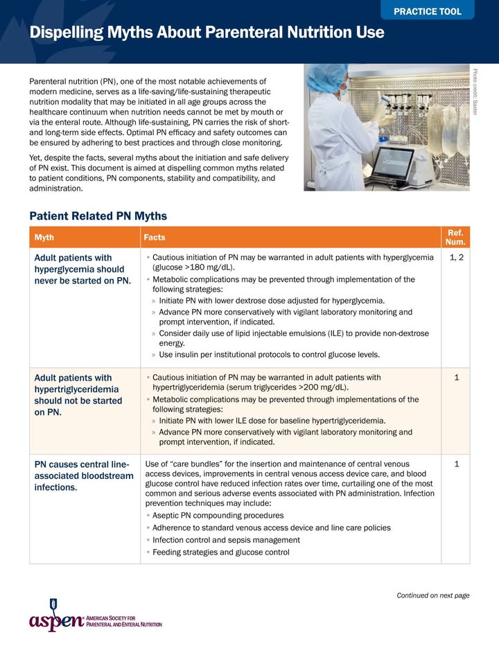 ASPEN_nutrition's tweet photo. Despite the facts, myths about the initiation and safe delivery of PN exist. Check out our practice tool that helps to dispel these common #PN related myths. #PSAW26 https://t.co/dHFXrLgEWo https://t.co/6xIb6hTIQ5