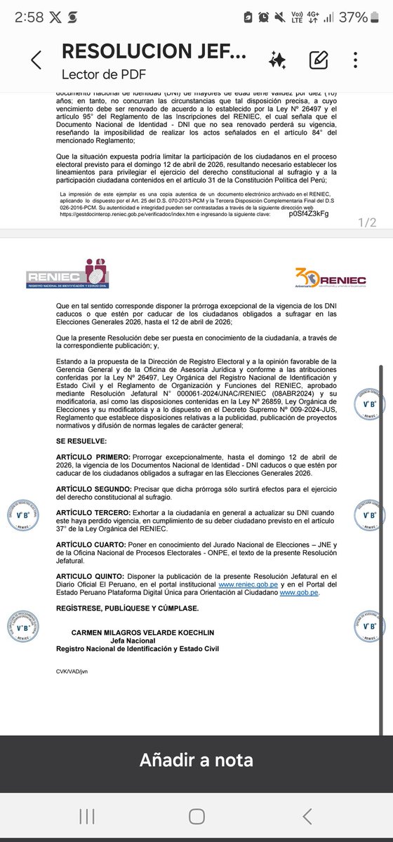 CatalinaQuinto_'s tweet photo. Comparto aquí la resolución. Ojo la medida solo se aplica para votar, para cualquier otro trámite debes tenee tu DNI vigente. #DirectoEnDirecto https://t.co/tcvPzD247B