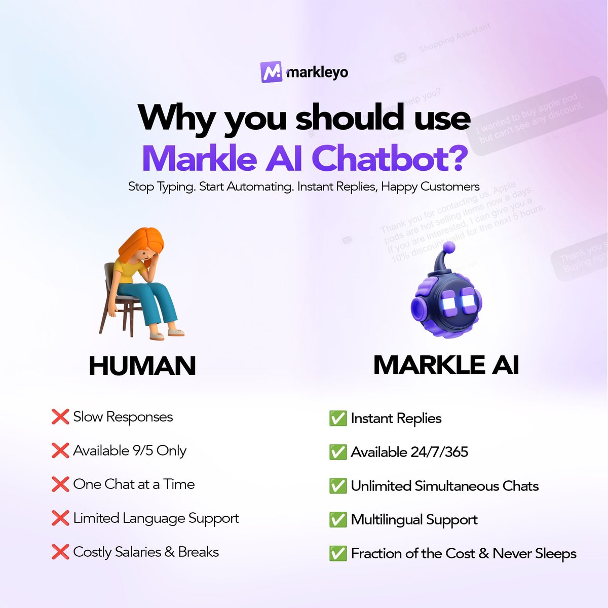 MarkleyoAI's tweet photo. Boost your customer service game with Markle AI! 🚀🤖 Get quick responses and round-the-clock support without breaking the bank. Say goodbye to typing and hello to automation now! 💬✨ #CustomerSupport #AI #Automation https://t.co/Avh78xn60W