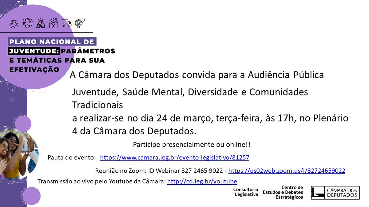 Participe presencialmente ou online!!

camara.leg.br/evento-legisla…

Transmissão ao vivo: cd.leg.br/youtube

Reunião no Zoom: ID Webinar 827 2465 9022 - us02web.zoom.us/j/82724659022