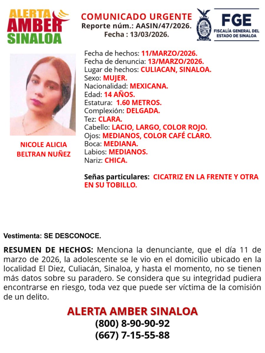SE SOLICITA LA COLABORACIÓN DE LA SOCIEDAD PARA LOCALIZAR A LA ADOLESCENTE. #AlertaAmberSinaloa #FiscaliaSinaloa