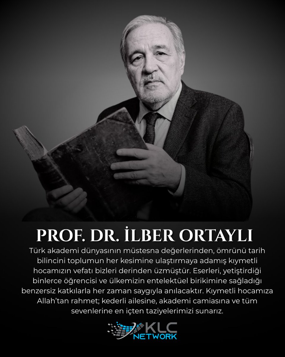 KlcNetwork's tweet photo. Türk akademi dünyasının müstesna değerlerinden, ömrünü tarih bilincini toplumun her kesimine ulaştırmaya adamış kıymetli hocamızın vefatı bizleri derinden üzmüştür.Kıymetli hocamıza Allah’tan rahmet; kederli ailesine, ve tüm sevenlerine en içten taziyelerimizi sunarız. https://t.co/hKjjEzJIq2