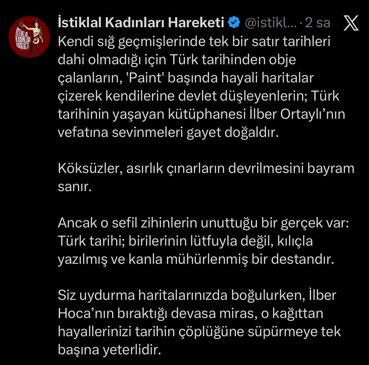 ZaferrHaber's tweet photo. İstiklal Kadınları Hareketi, İlber Ortaylı’ya saldıranlar hakkında açıklama yaptı:

“Köksüzler, asırlık çınarların devrilmesini bayram sanır.” https://t.co/AXbPp22qTN
