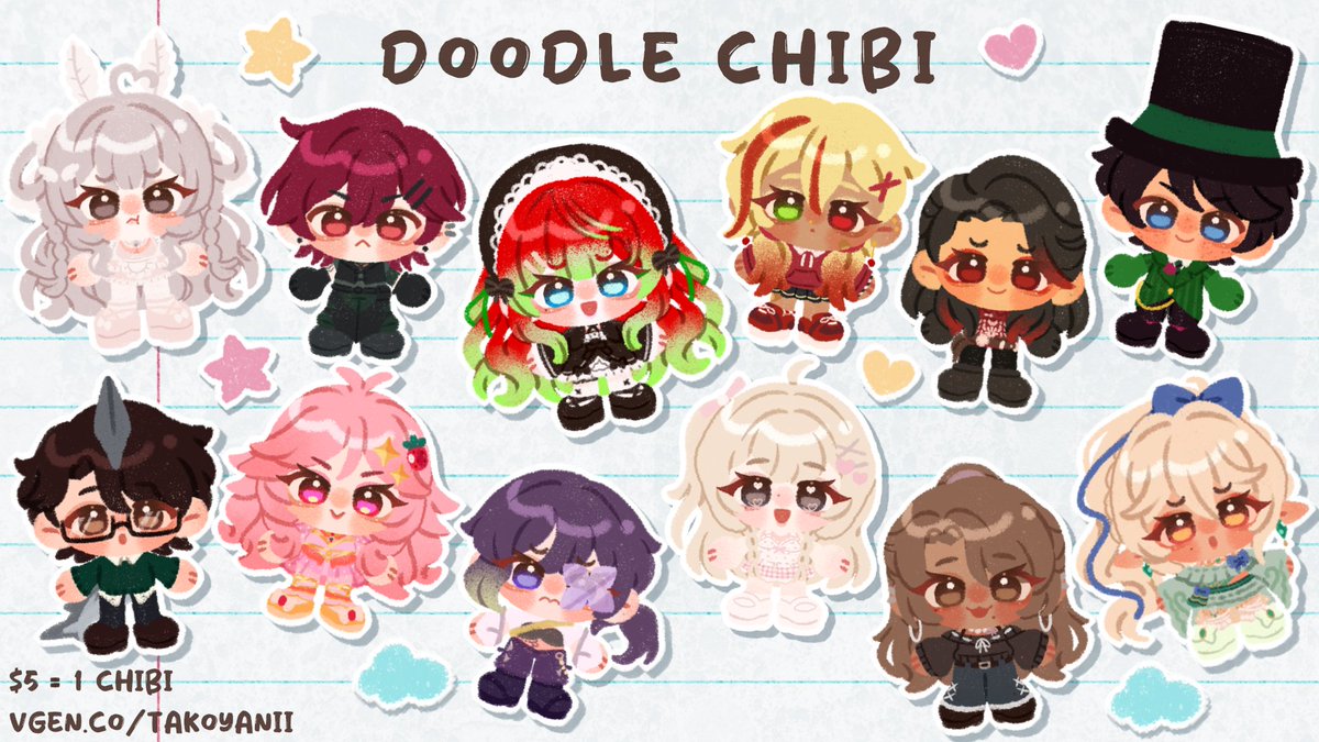 takoyanii's tweet photo. sooo much more doodle chibis!!! 🖍️✨
opening slots in 6 hrs! (vgen) ⏰🤍 https://t.co/4J7f8scAbc