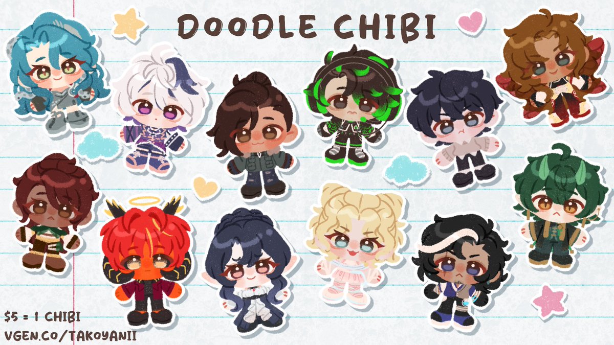 takoyanii's tweet photo. sooo much more doodle chibis!!! 🖍️✨
opening slots in 6 hrs! (vgen) ⏰🤍 https://t.co/4J7f8scAbc