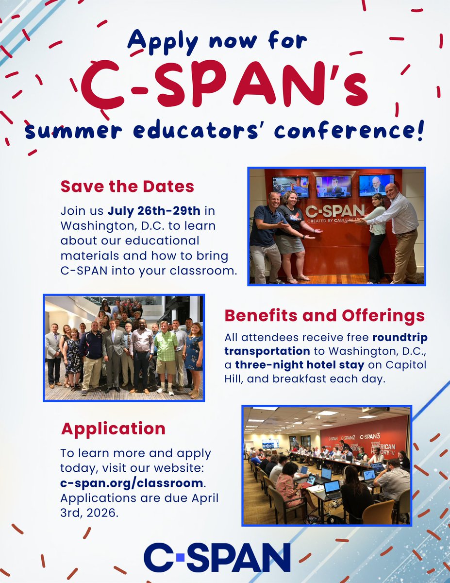 CSPANClassroom's tweet image. Apply today for @CSPAN's Summer Educators' Conference! 

Spend a few days with us this July to take a deep-dive in to all that #CSPAN offers to teachers and students! Learn more: c-span.org/classroom/oppo….

#Teacher #Conference #Educator #ProfessionalDevelopment #PD #Workshop