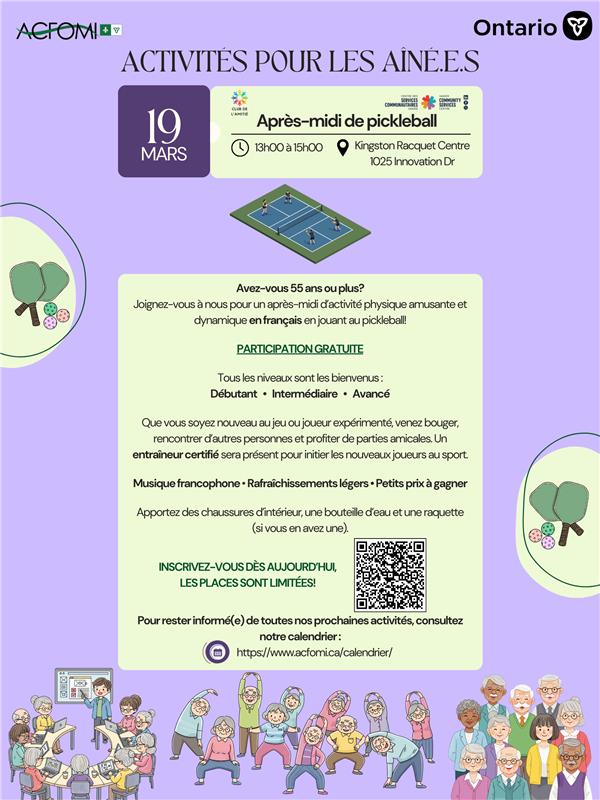 ACFOMI's tweet photo. Vous avez 55 ans ou plus ? 
Joignez-vous à nous pour un après-midi de pickleball en français !
✔️ Participation gratuite
✔️ Tous les niveaux bienvenus
Musique francophone, rafraîchissements et prix à gagner.
👉 Inscription : https://t.co/FhuLam8ZiO

#ACFOMI #Pickleball https://t.co/6Y2W4vPPHl