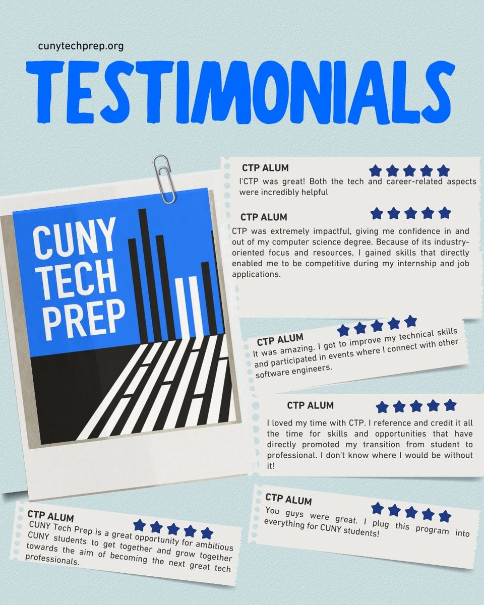CUNYTechPrep's tweet photo. Apply to CTP Now. Don’t take our word for it; check out what some of our alumni and donors said about their CTP experience. 
Update Application: Final deadline is Monday, 3/16 at 4 pm ET. 
 Apply to CTP → https://t.co/ZbZManXvJl https://t.co/tqTKTyZTjZ