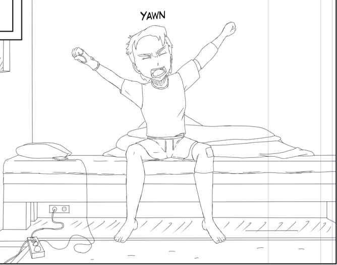 page 1 sketched up, 8 to go. probably the most relatable panel I've drawn