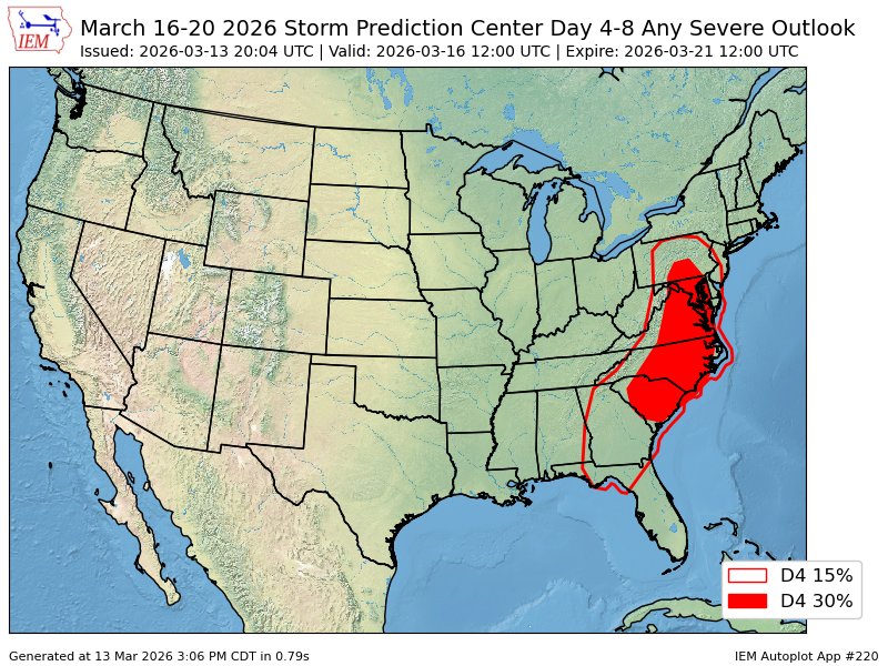 The Storm Prediction Center issues Days 4-8 Convective Outlook (Max Risk: 30% Any Severe) at Mar 13, 20:04z spc.noaa.gov/products/exper…