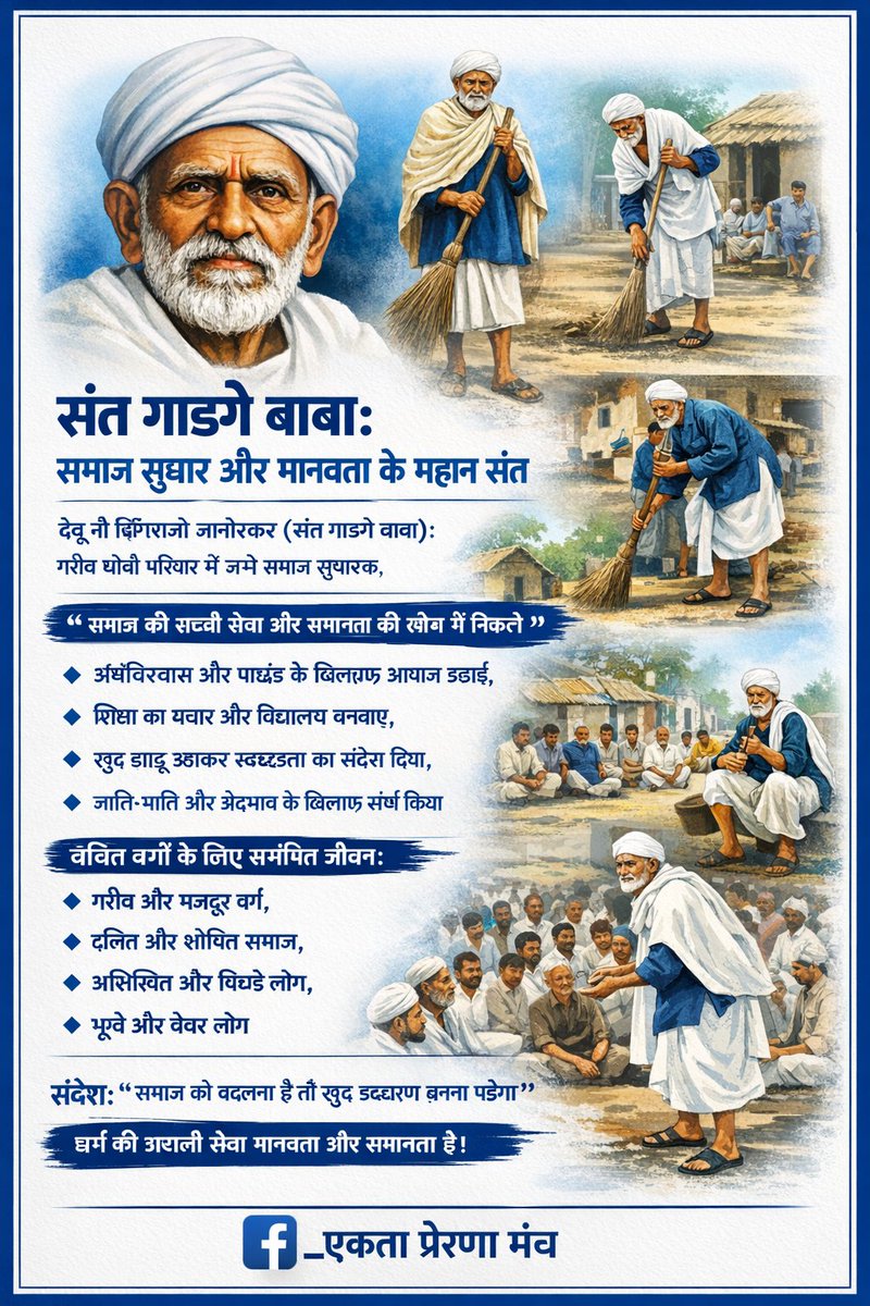 संत गाडगे बाबा का विचार:
“जाति और भेदभाव इंसान को छोटा बनाते हैं,
लेकिन मानवता इंसान को महान बनाती है।”
<a href="/ManishCEO2/">Er Manish Rajak</a> <a href="/Gybgonda43/">गाडगे यूथ ब्रिगेड, जनपद -गोण्डा ,यूपी (धोबी समाज)</a> <a href="/Gybsandeeppbh/">संदीप कनौजिया प्रतापगढ</a>