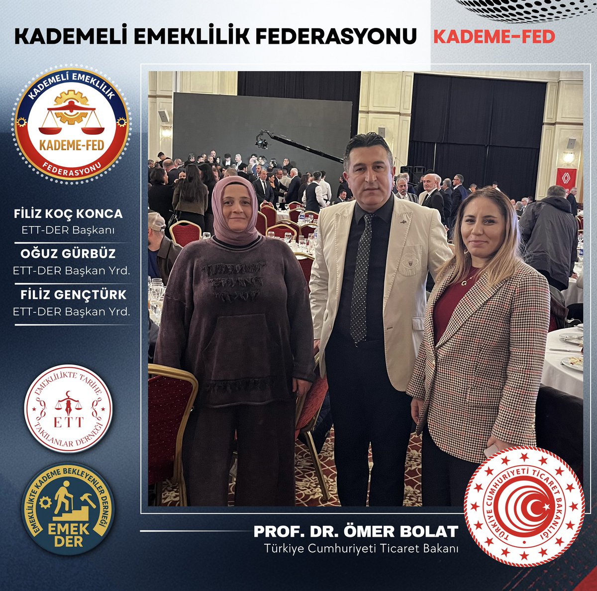 KademeFed's tweet photo. KADEMELİ EMEKLİLİK FEDERASYONU ÇÖZÜM RAPORU HAFTAYA KABİNENİN KALBİNDE!

Türkiye Cumhuriyeti Ticaret Bakanı Sayın Prof. Dr. Ömer Bolat Beyfendinin teşrifleriyle davet edildiğimiz iftar programında Kademeli Emeklilik Federasyonu olarak önemli ve verimli bir görüşme gerçekleştirdik.

Federasyonumuzun kademeli emeklilik talebini, doğum yılı ve prim esaslı çözüm modelimizi Sayın Bakanımıza doğrudan anlattık, detaylı şekilde aktardık.

Görüşme neticesinde çok kıymetli bir söz daha aldık.
Sayın Bakanımız, önümüzdeki hafta yapılacak kabine toplantısında çözüm dosyamızın bizzat Çalışma ve Sosyal Güvenlik Bakanı Sayın Vedat Işıkhan Beyfendiye iletileceğini ifade ederek sürecin takipçisi olacağını belirtti.

Bu yaklaşım; milyonların sesi olan mücadelemizin devletimizin en üst karar mekanizmalarında gündeme taşınması adına son derece önemli ve umut verici bir adımdır.

Kademeli Emeklilik Federasyonu olarak;
adaletli, sürdürülebilir ve mali dengeyi gözeten çözüm modelimizin takipçisi olmaya, hakkaniyetli bir sosyal güvenlik sistemi için kararlılıkla çalışmaya devam edeceğiz.

Sayın Bakanımıza ilgi, hassasiyet ve yapıcı yaklaşımı için teşekkür ediyoruz.

@Akparti 
@akpartiistanbul 
@RTErdogan 
@ticaret 
@omerbolatTR 
@KademeFed 
@ETTDER1999 
@EmekDerResmi 
#SGKdaKademeZamanı