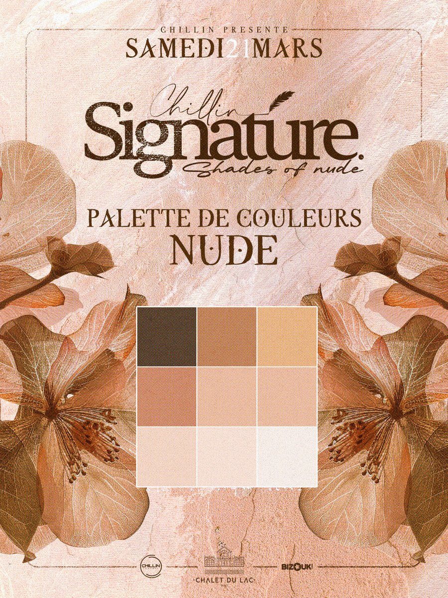 🤎 Pour être parfaitement dans le thème de la soirée “𝐒𝐡𝐚𝐝𝐞𝐬 𝐨𝐟 𝐍𝐮𝐝𝐞”, on vous a préparé une petite palette de couleurs pour vous inspirer.

✨ Du beige au caramel, passant par le sable ou le chocolat… trouvez la nuance qui vous correspond

🎟️ my.bizouk.com/chillin-signat…