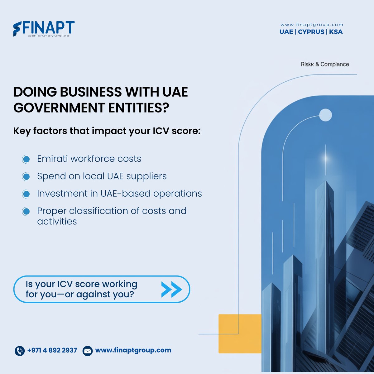 FinAptGroup's tweet photo. 𝗜𝘀 𝘆𝗼𝘂𝗿 𝗜𝗖𝗩 𝘀𝗰𝗼𝗿𝗲 𝘄𝗼𝗿𝗸𝗶𝗻𝗴 𝗳𝗼𝗿 𝘆𝗼𝘂—𝗼𝗿 𝗮𝗴𝗮𝗶𝗻𝘀𝘁 𝘆𝗼𝘂?

#ICVCertification #InCountryValue #UAEGovernment #GovernmentContracts #UAETenders #ICVScore #UAEBusiness #BusinessInUAE #GovernmentProcurement #EmiratizationSupport #UAEStrategy #FinAptGroup https://t.co/8bjF2y2dzq