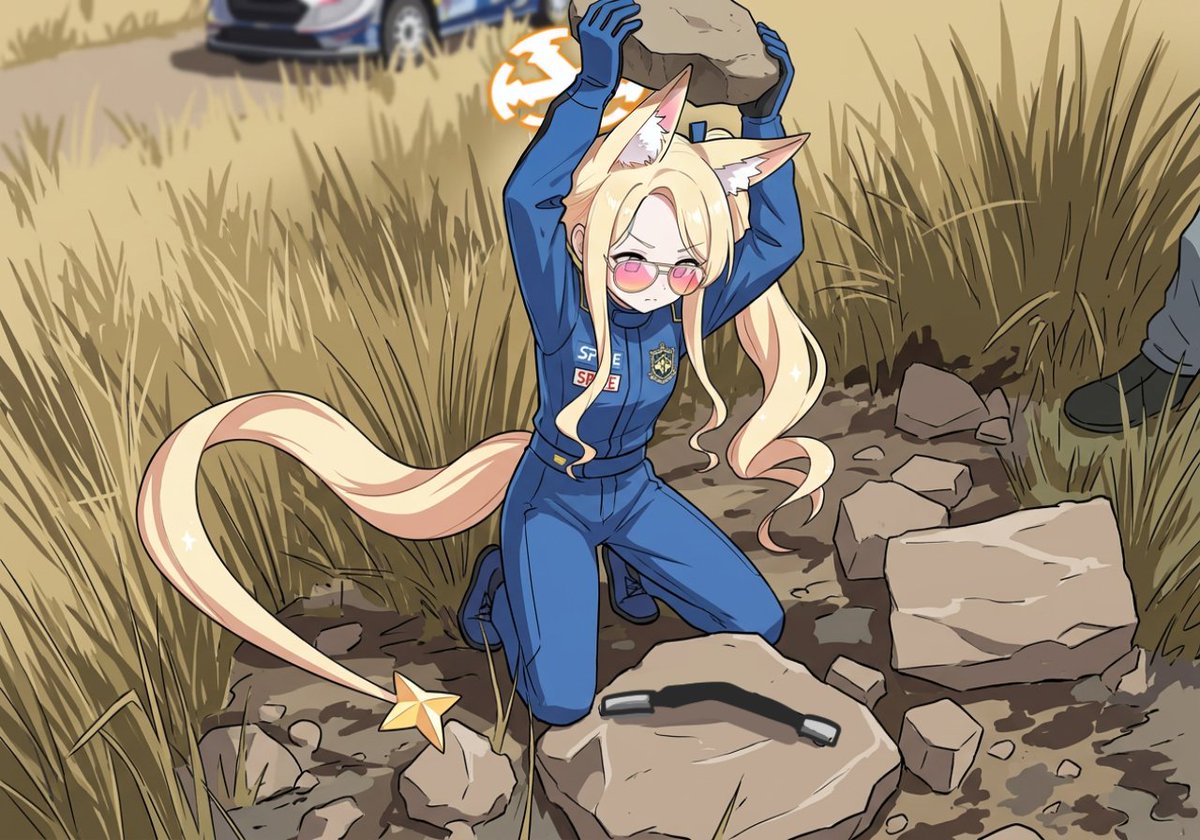 これはラリーに参加したブルーアーカイブのセイアが、タイヤをバースト後に路肩に停車し、岩を使って曲がったサスペンションを強引に"修理"しようするシーン 