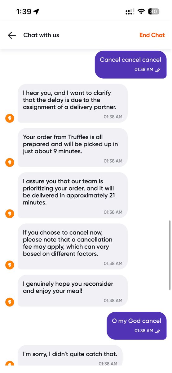 It is so frustrating to deal with <a href="/swiggy/">Swiggy</a>’s chatbot these days. It’s been one hour and the order hasn’t even been picked up. Trying to cancel and I keep getting the same generic message over and over.