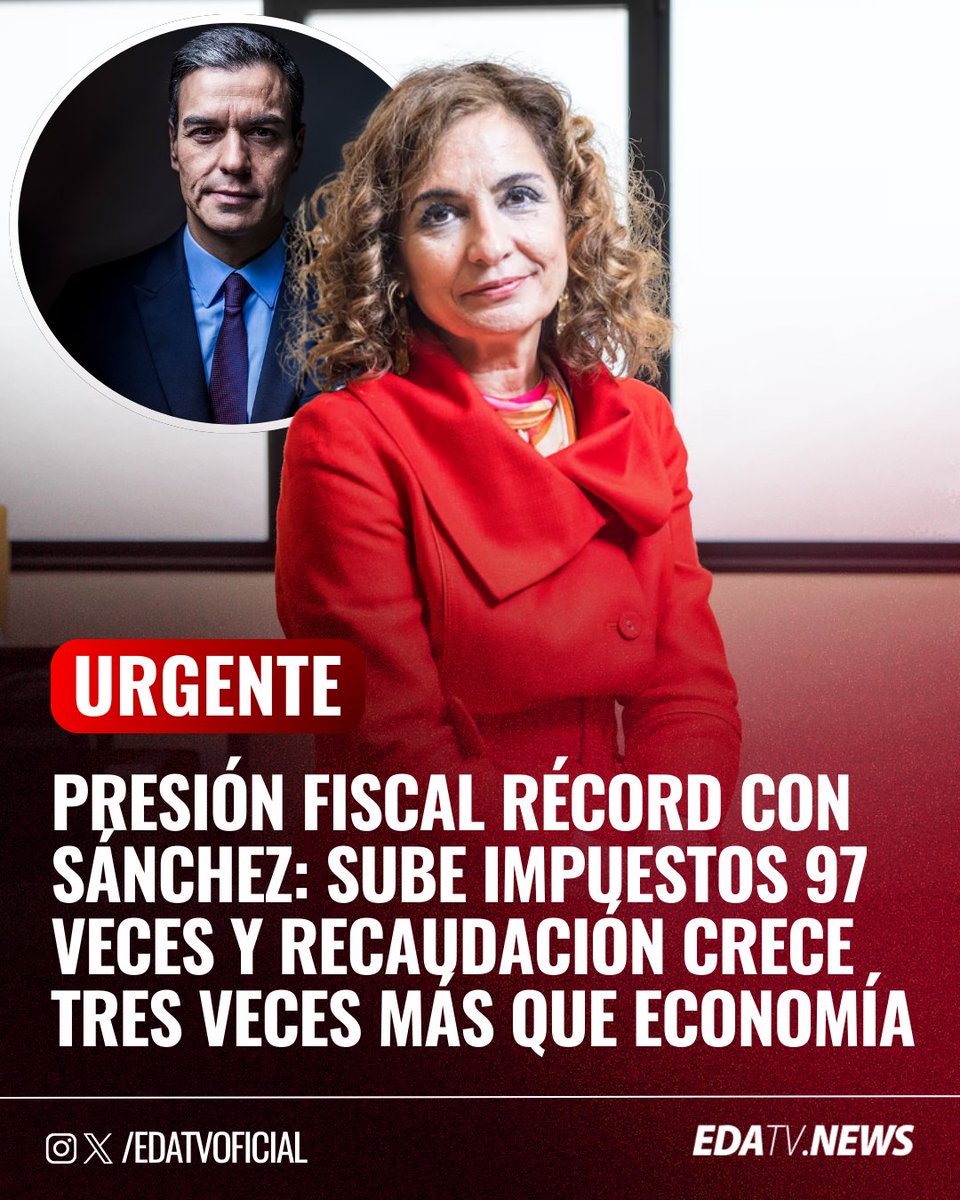 ‼️🇪🇸 | #URGENTE Presión fiscal récord: la recaudación durante el Gobierno de Sánchez se dispara tres veces más que la economía tras 97 subidas de impuestos.