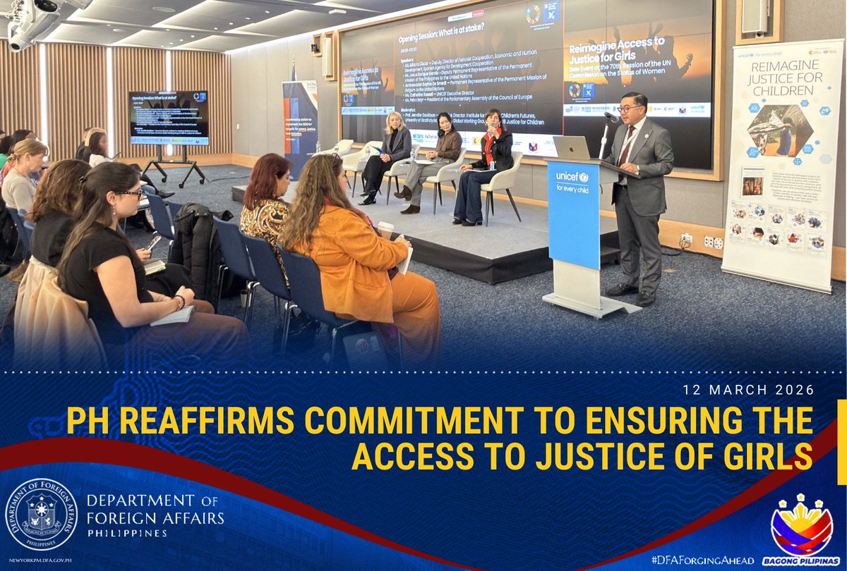 PHMissionNY's tweet image. 🇵🇭 DPR Jesus Enrique G. Garcia welcomes participants at the #CSW70 side event “Reimagine #AccesstoJustice for Girls” with @UNICEF @BelgiumUN @AECID_es @SDG16plus @UniStrathclyde, highlights 🇵🇭 laws and policies on children’s rights and protection, including the revised protocol