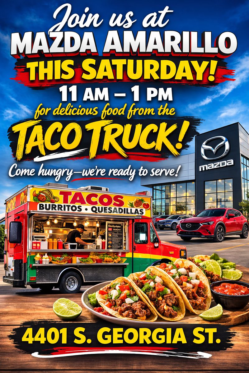 mazdaofamarillo's tweet photo. TOMORROW AT MAZDA AMARILLO 🌮🔥

The taco truck pulls up at 11 AM! Skip the usual lunch spot and head to 4401 S. Georgia St. Fresh tacos, burritos, and quesadillas until 1 PM.

Come hungry and check out the lineup. See you there. 🚗💨

#MazdaAmarillo #Amarillo #Tacos #Texas https://t.co/3oFsSS2xr2