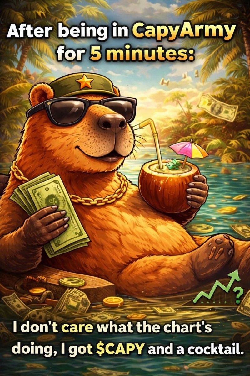 In crypto everyone moves fast.

Charts up. Charts down. Panic everywhere.

Meanwhile capybaras are just sitting in the water like:

“we’ll be fine.”

Welcome to CapyArmy 🦫

Launching soon…

#crypto #memecoin1000x #MemeCoinSeason #memecoin100x #SolanaGem #solana #pumpfun