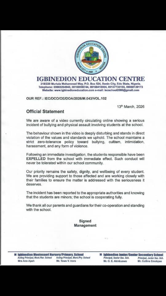 Benking443's tweet photo. BREAKING:

THE IGBINEDION STUDENTS INVOLVED IN THIS VIDEO HAVE BEEN EXPELLED AND ARRESTED. https://t.co/WAexYQKKfy