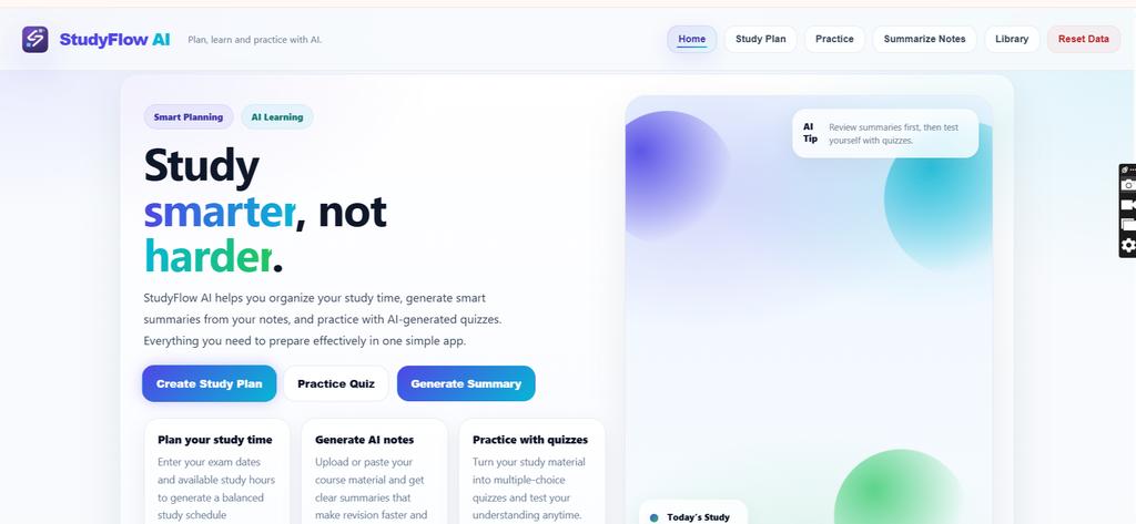 DavidOneVoice's tweet photo. Built something I’m excited about: StudyFlow AI.
It helps students do 3 important things:
• generate a study timetable from exam dates + course priority
• summarize study materials with AI
• turn notes into CBT-style practice quizzes https://t.co/H8187D5FZi