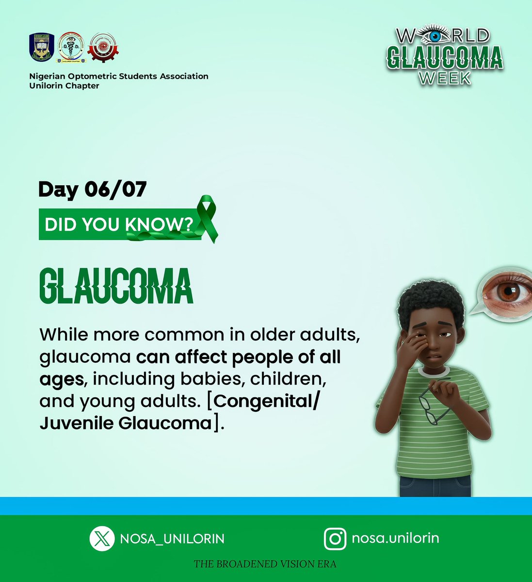 NOSA_UNILORIN's tweet photo. Glaucoma week, Day 6!👁✨️

Glaucoma isn't just an old person's disease.
Vision health matters at every stage of life. If you notice unusual eye symptoms in your children, see an eye specialist immediately. 

#WorldGlaucomaWeek
#NOSAUnilorin https://t.co/qNr5P7uGy5