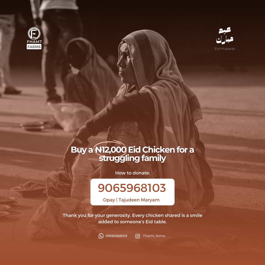 FhamtNg's tweet photo. Kindly reshare and donate. We do this every eid and we currently have #0. We plan to give #12,000 worth of chicken each to 50 struggling households. May Allah make it easy.

Account details is
9065968103
Opay
Tajudeen Maryam https://t.co/0sECYRi0gT