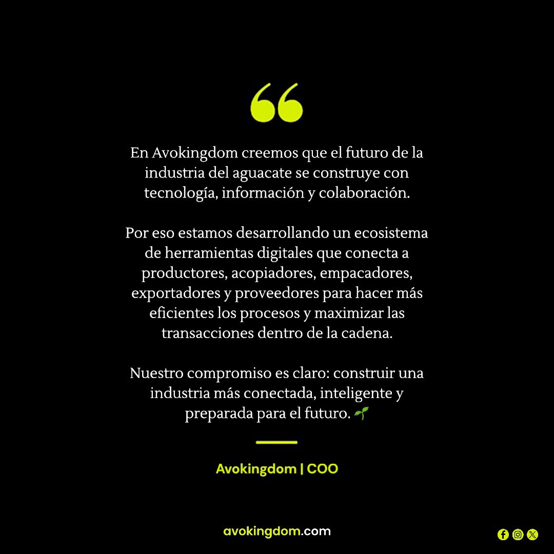Avokingdom_S's tweet image. Nuestro Director de Operaciones comparte un mensaje que resume la visión y los objetivos que impulsan a 
Avokingdom.

Una mirada clara hacia el futuro que estamos construyendo. 

#AvoLovers #KeepItSimple #AgTech #Tecnología #StartUp #Avocado #Aguacate #Guacamole #Avokingdom 🥑