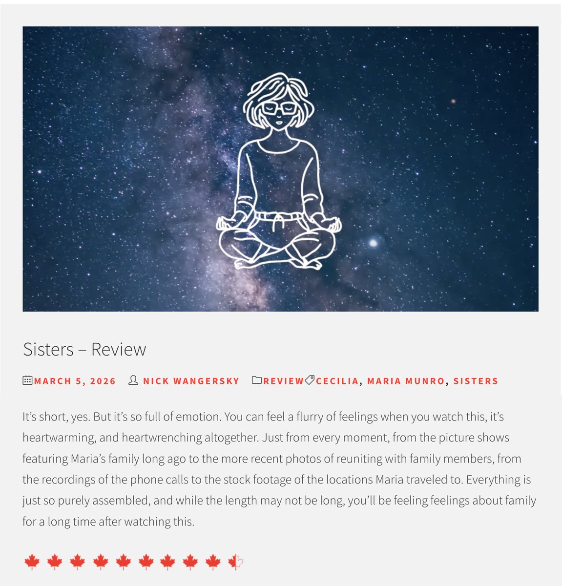 Grateful to <a href="/hnmag_ca/">Hollywood North Magazine</a> &amp; Nick Wangersky for the wonderful and heartfelt review of Sisters! 🎬
Thank you for capturing the spirit of the film and for continuing to champion Canadian and independent filmmakers. ❤️🇨🇦 
hnmag.ca/review/sisters…
#SistersFilm #CanadianFilm #IndieFilm