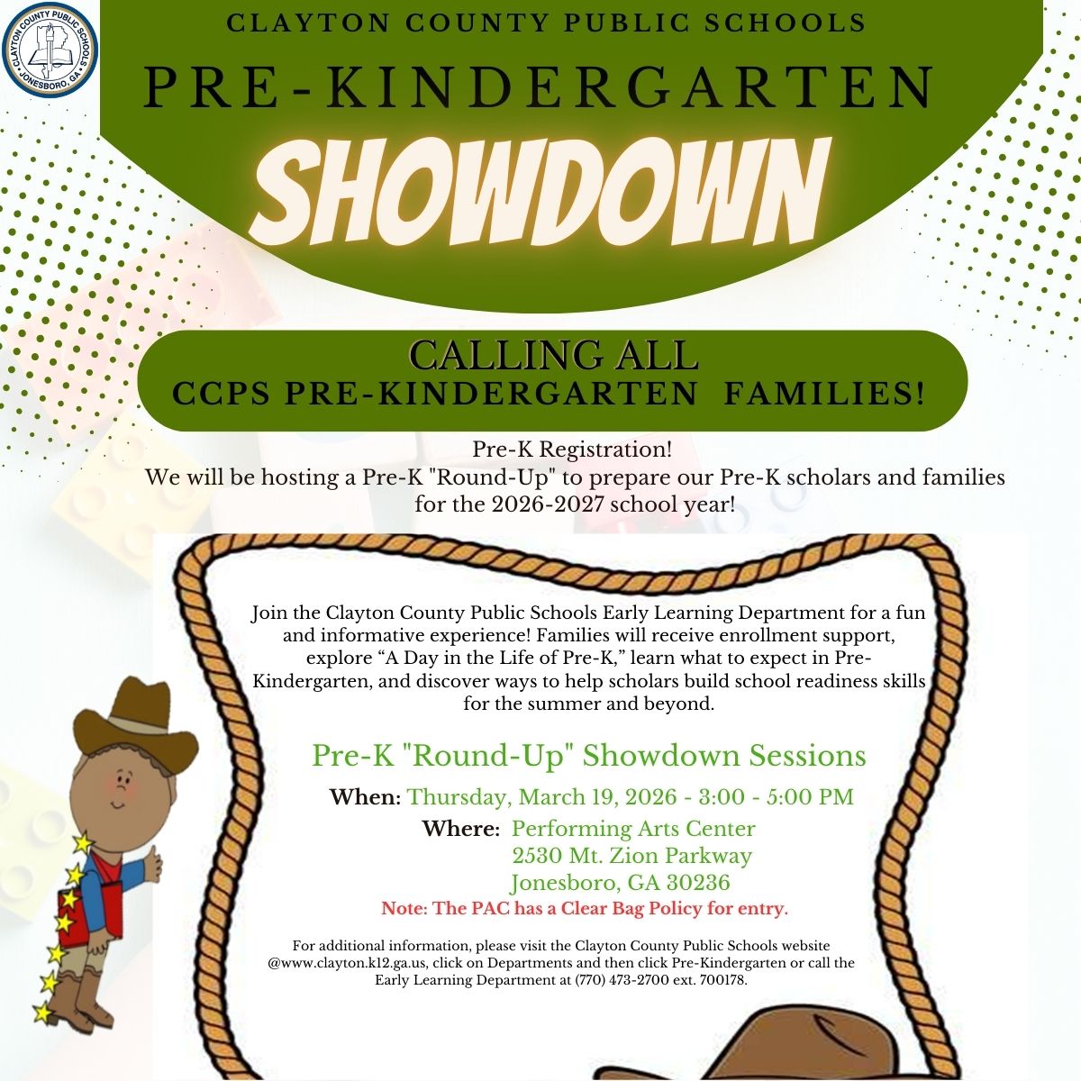 CCPSEarlyLearn's tweet photo. Calling all CCPS Pre-Kindergarten families! Please join us on March 19, 2026 for our “Pre-K Round Up Showdown”. See flyer for details! Be mindful that the Clear Bag Policy is enforced! https://t.co/ZlKQlEcLFU