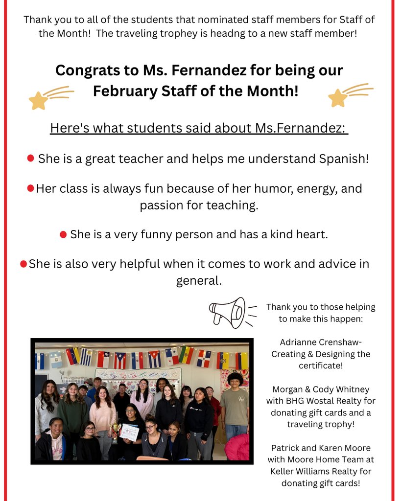 Our traveling trophy is heading to the next Staff of the Month!  Please help us congratulate Ms.Fernandez!