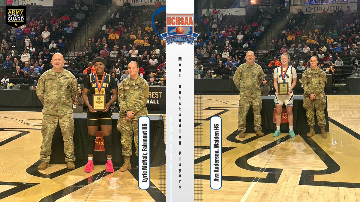 NCHSAA's tweet photo. 2026 NCHSAA 4A Women’s Basketball Most Outstanding Players of the Game!

🏀 Lyric McNair, Fairmont HS @fhs_tornadoes 
🏀Ava Anderson, Maiden HS @Maiden_HS

#NCHSAAGameLockedIn #NCHSAAWBB @NCARNG https://t.co/bmRKhelwg2