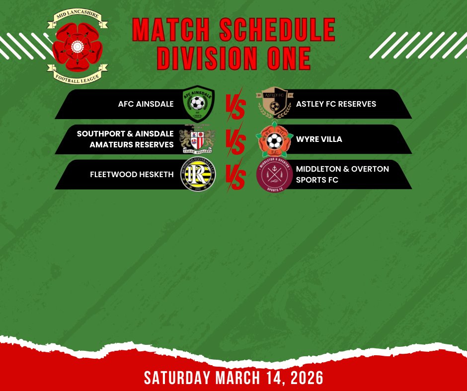 mid_lancs's tweet photo. Big clashes in Division One this Saturday — @SnAReserves look to keep their blistering title push alive against in‑form @wyrevillafc, while @RichmondFC_1953 and @MOSportsFC scrap for crucial momentum. Tasty stuff incoming!

#MidLancsFL #DivOne https://t.co/7ywvbfD05H