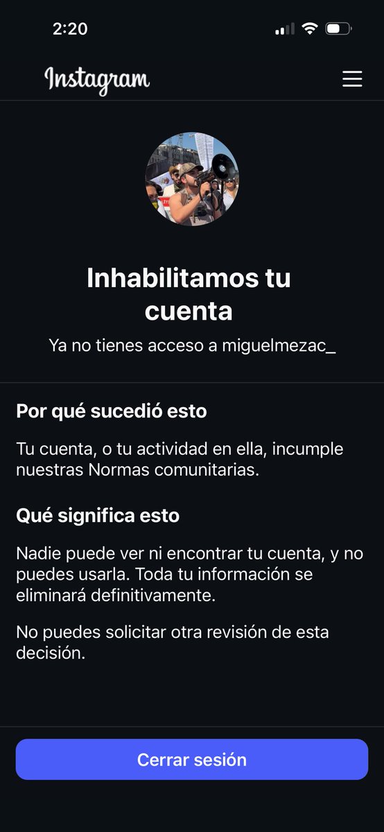 🚨Acaban de eliminar mi cuenta de Instagram permanentemente.

La última semana solo he publicado sobre la abogada de El Chapo.

Hoy me encuentro que mi cuenta, que tenía 82 mil seguidores, está eliminada e irrecuperable.

¿Conocen a alguien que trabaje en <a href="/Meta/">Meta</a> para intentar