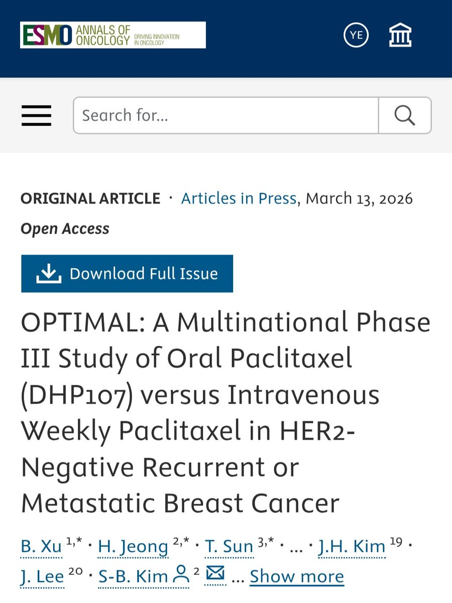 Oral paclitaxel (DHP107) was non-inferior to IV paclitaxel in oncologic outcomes; it eliminates the need for IV infusion and results in less neuropathy, but is associated with higher hematologic and gastrointestinal toxicity.

OPTIMAL trial full text👇

annalsofoncology.org/article/S0923-…