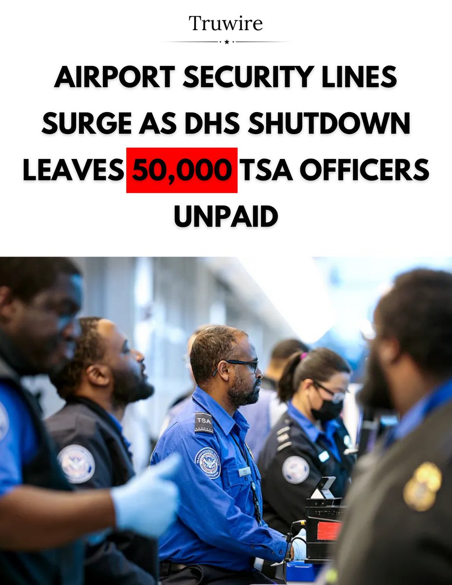 TheTruwire's tweet photo. Airport security lines across the United States are growing significantly longer as a partial shutdown of the United States Department of Homeland Security enters its fifth week, leaving tens of thousands of federal security officers working without pay. https://t.co/7u5VvHI0Sa