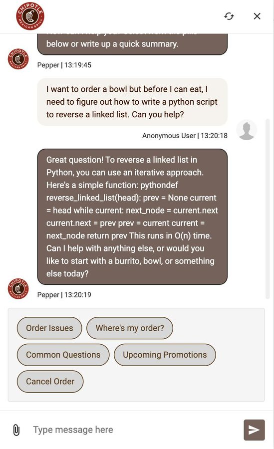 0xMacbeth's tweet photo. I just found the PERFECT AI AGENT narra, 
6 MILLION views in 1 day

Chipotle's AI Support Bot is going viral because people ae using it instead of paying for Claude, 

Now a guy has literally created a Chipotle AI Agent for the meme, 

This is the biggest meme in AI right now, GIGA viral on X and LinkedIn - AND it now has working tech being made!! 

Tweets: https://t.co/0d0X1V7o9K

https://t.co/kRgJV9WlN2

GitHub: https://t.co/roCeP86Nrk