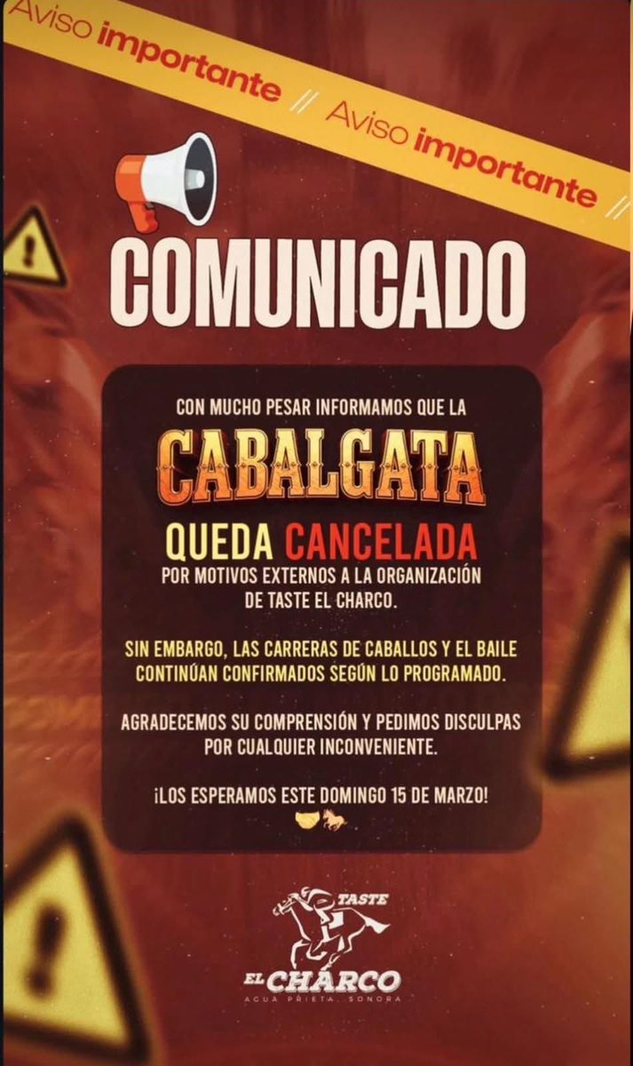 michelleriveraa's tweet photo. ¡Pensé era FALSO pero NO!  🐎

Me aseguran fuentes relacionadas a la organización de este evento que tiene 69 años haciéndose para celebrar al “Zaino de #AguaPrieta”, que el evento quedó CANCELADO por primera vez en su historia porque uno de los invitados especiales era el alcalde de #Hermosillo, @tonoastiazaran … ¡PLOP! 😱