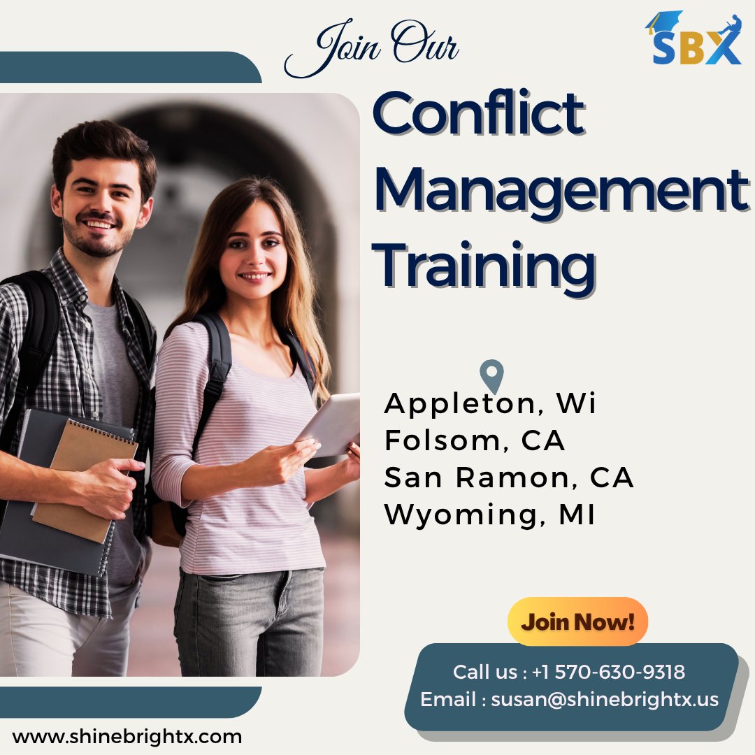 ShineBrightX's tweet image. Don’t miss the opportunity to master conflict resolution techniques and earn a professional certification.
Reserve Your Spot Now: bit.ly/3Gcofss
#conflictmanagement #conflictresolution #appleton #wisconsin #folsom #california #sanramon #california #wyoming #mi #michigan