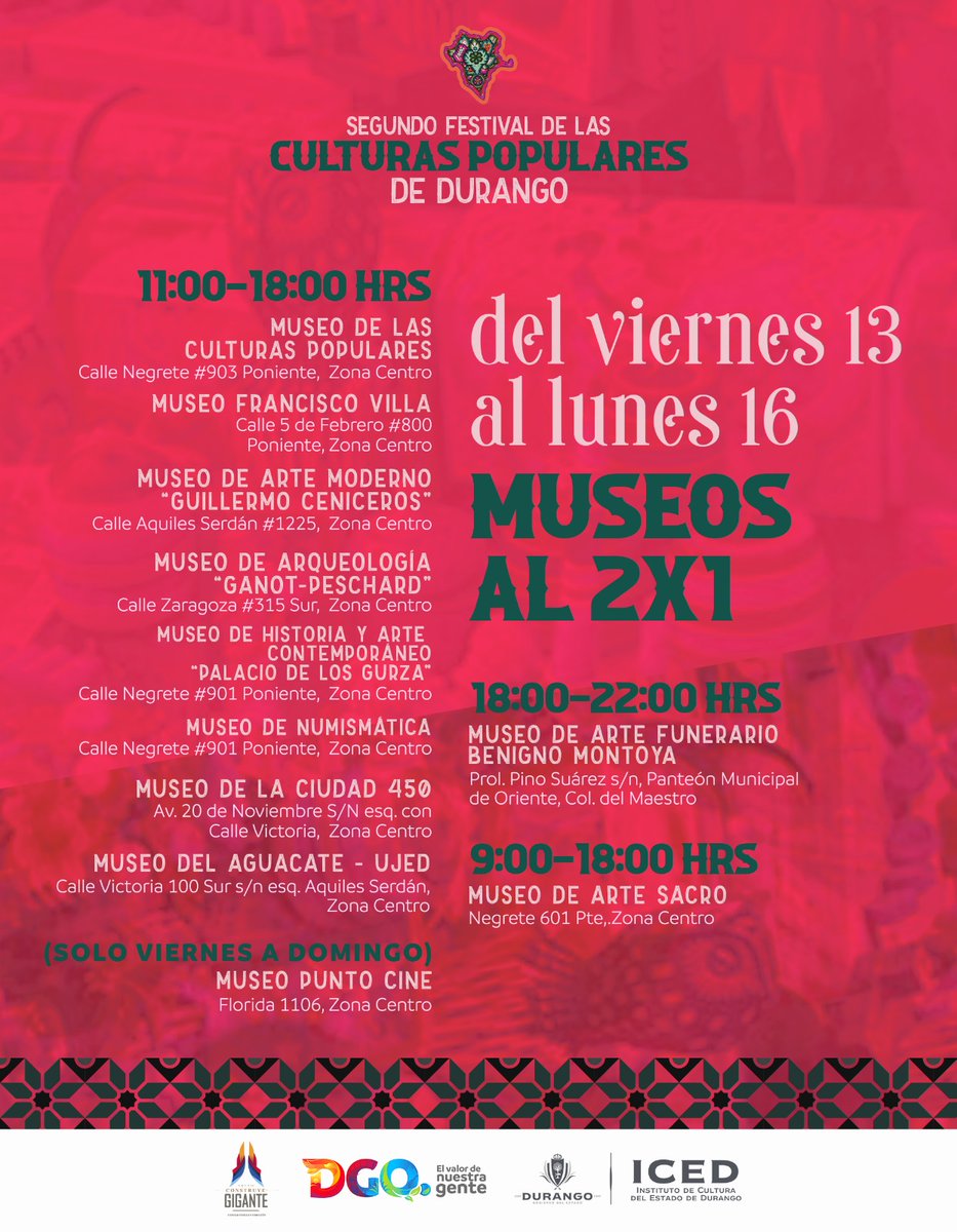 iceddgo's tweet photo. 🎭🏛️ ¡Los museos te esperan!

En el marco del Segundo Festival de las Culturas Populares de Durango, disfruta de Museos al 2x1 y recorre algunos de los espacios culturales más emblemáticos de la ciudad.

📅 Del viernes 13 al lunes 16 de marzo
✨ Descubre qué museos participan https://t.co/3rhZ7oq7Z3