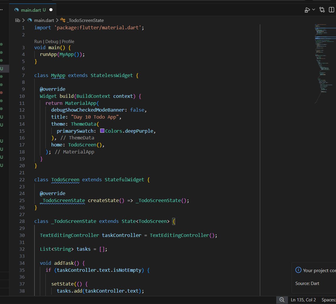 toyosii_ii's tweet photo. Day 10 of #100DaysOfCode
Updated my To-Do List app to allow tasks to be deleted from the list. Each item now has a delete icon that removes the task and updates the UI instantly.
The app now supports adding, displaying, and deleting tasks.#100DaysOfFlutter https://t.co/gLG1Ep0EWh