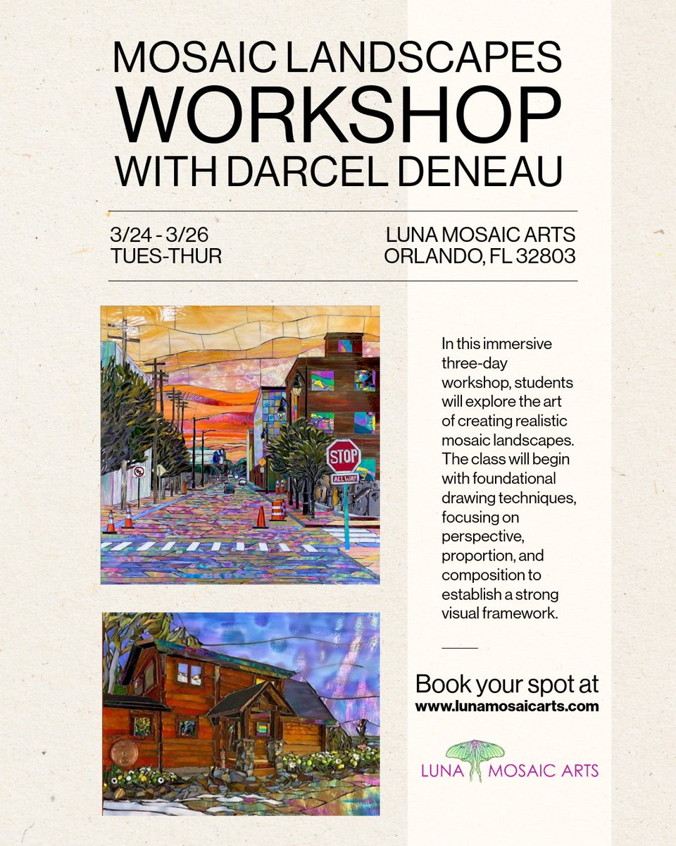 LunaMosaics's tweet photo. Join Darcel Deneau for this 3-day workshop! Explore perspective, composition, and creativity to craft stunning visual masterpieces. Click for more info 
https://t.co/uROLM2ANkg https://t.co/Si3cgTmysM