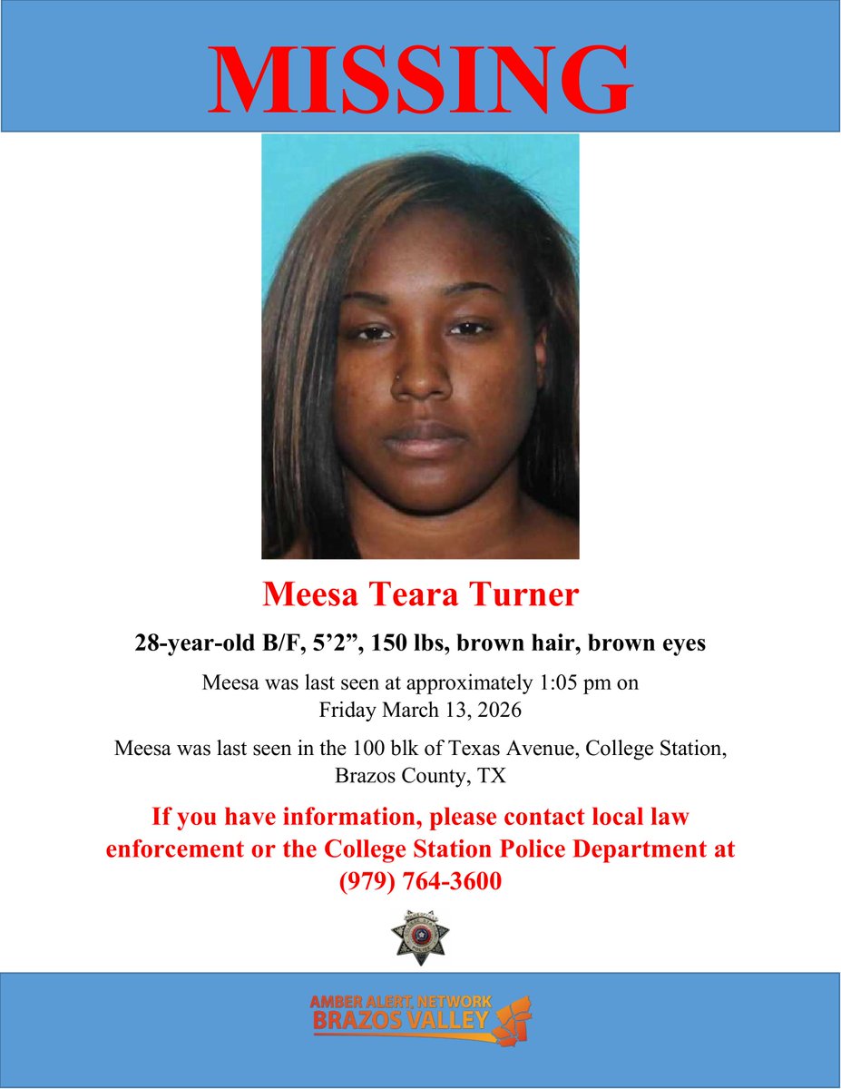 AANBVTX's tweet image. #Missing #bcstx Meesa Turner has been reported missing to the @CSTXPolice.  She was last seen at approximatley 1 pm 3/1/3/26 in the 100 blk of Texas Ave, College Station, Brazos County, TX.  Authorities are concerned for Meesa's welfare and need your help to find her