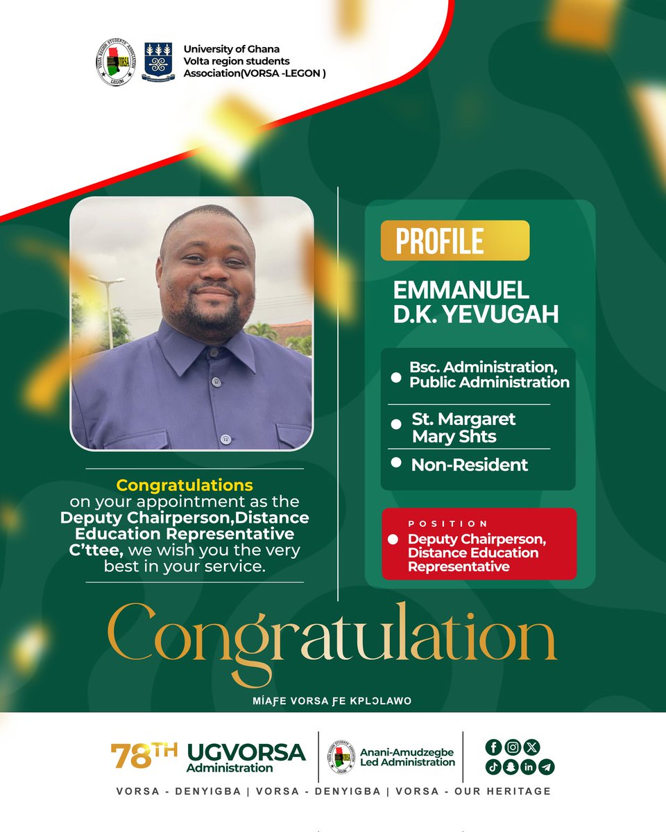 VorsaLegon's tweet photo. Congratulations  to *Mr. Emmanuel D.K Yevugah on your appointment as the Deputy  Chairperson of the Distance Education Representative Committee of VORSA-LEGON* 

We wish you the very best in this your  role and we are optimistic of your great contribution and service to VORSA https://t.co/O9DFec4UUT