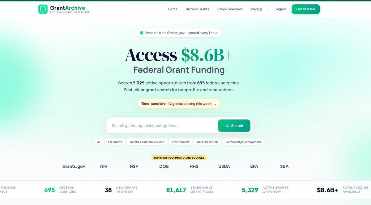 🚀 GrantArchive is live!

Search 787 active federal grants from 26+ agencies — free.

✅ Smart filters by agency &amp; eligibility
✅ Email alerts for new grants
✅ AI Letter of Intent writer
✅ Deadline calendar

grantarchive.com

#FederalGrants #GrantWriting #Nonprofits