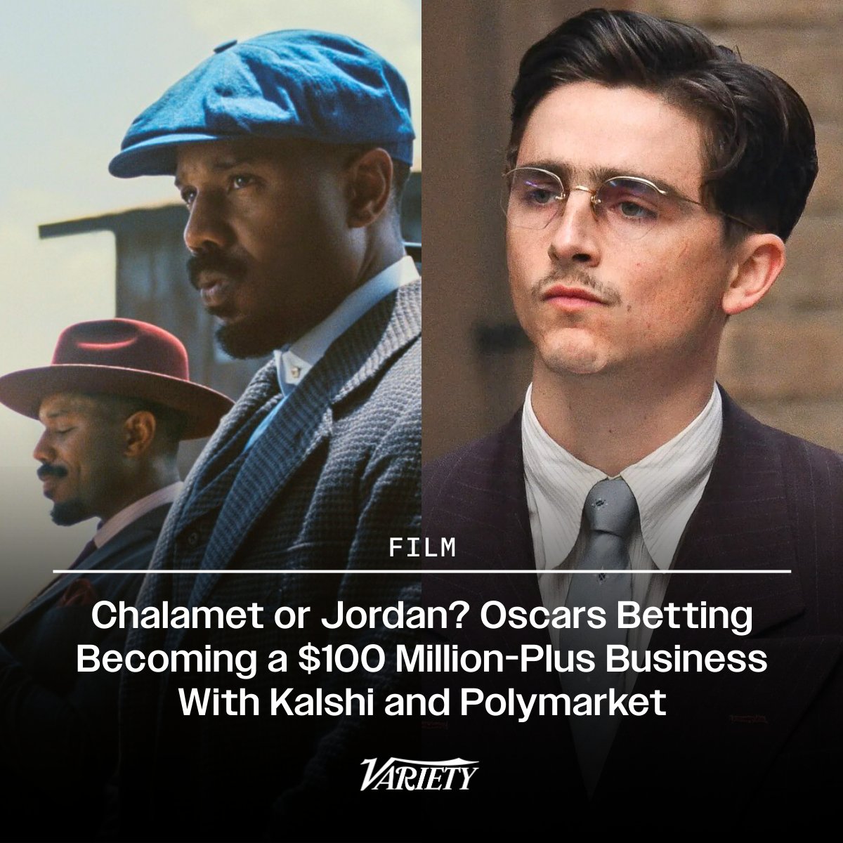 Variety's tweet photo. More than $100M has been wagered on this year’s #Oscars race across Kalshi and Polymarket:

• The final tally for 2026 is projected to climb significantly higher before Sunday
• Over $30M has been traded on Best Picture alone, compared to the $5.3M total in 2025
• Some contracts are tracking which celebrities will attend and which words will be spoken on stage (“ballet” is trading at 62¢ on Polymarket)

https://t.co/vDmIjfzhDu