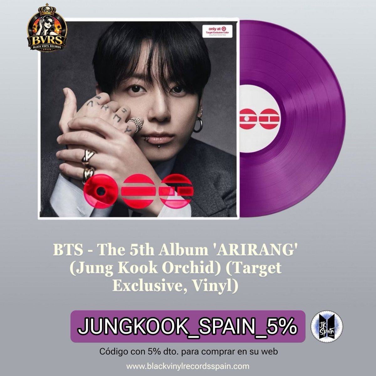💜 Un detalle tan irresistible como Jungkook en la portada 😍
Muy amablemente <a href="/BVRSSPAIN/">Black Vinyl Records Spain (BVRS)</a> nos ha facilitado un código de descuento para usar en su web
Si aún no has comprado tu vinilo de ARIRANG, ¡quizá ahora sea el momento!✨

Código: JUNGKOOK_SPAIN_5%
🔗blackvinylrecordsspain.com/search?q=ARIRA…