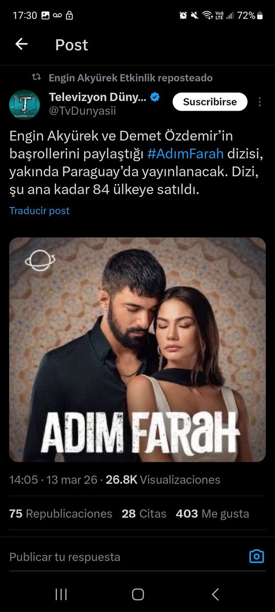 #AdımFarah sigue recorriendo el mundo con su atrapante historia y una pareja protagonista muy armónica.
¡Bravo por Paraguay! 
¡Que otros países latinoamericanos (sobre todo, limítrofes 😉) te imiten!

#Telefe <a href="/darioturo/">Dario Turovelzky</a> estamos esperando 🫠🫠

#EnginAkyürek